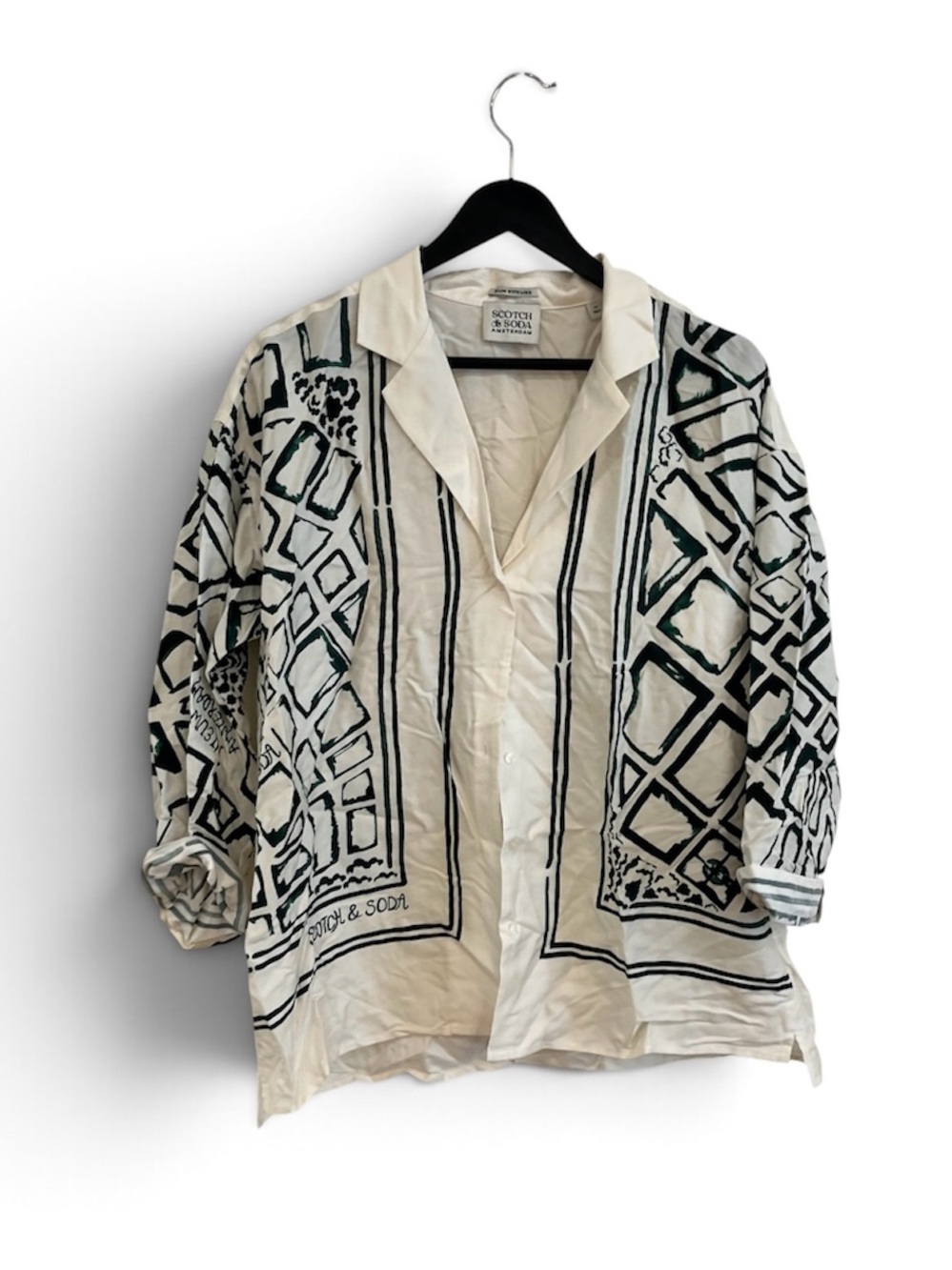 Scotch & Soda Cream Button-Up Shirt with Black Geometric Print